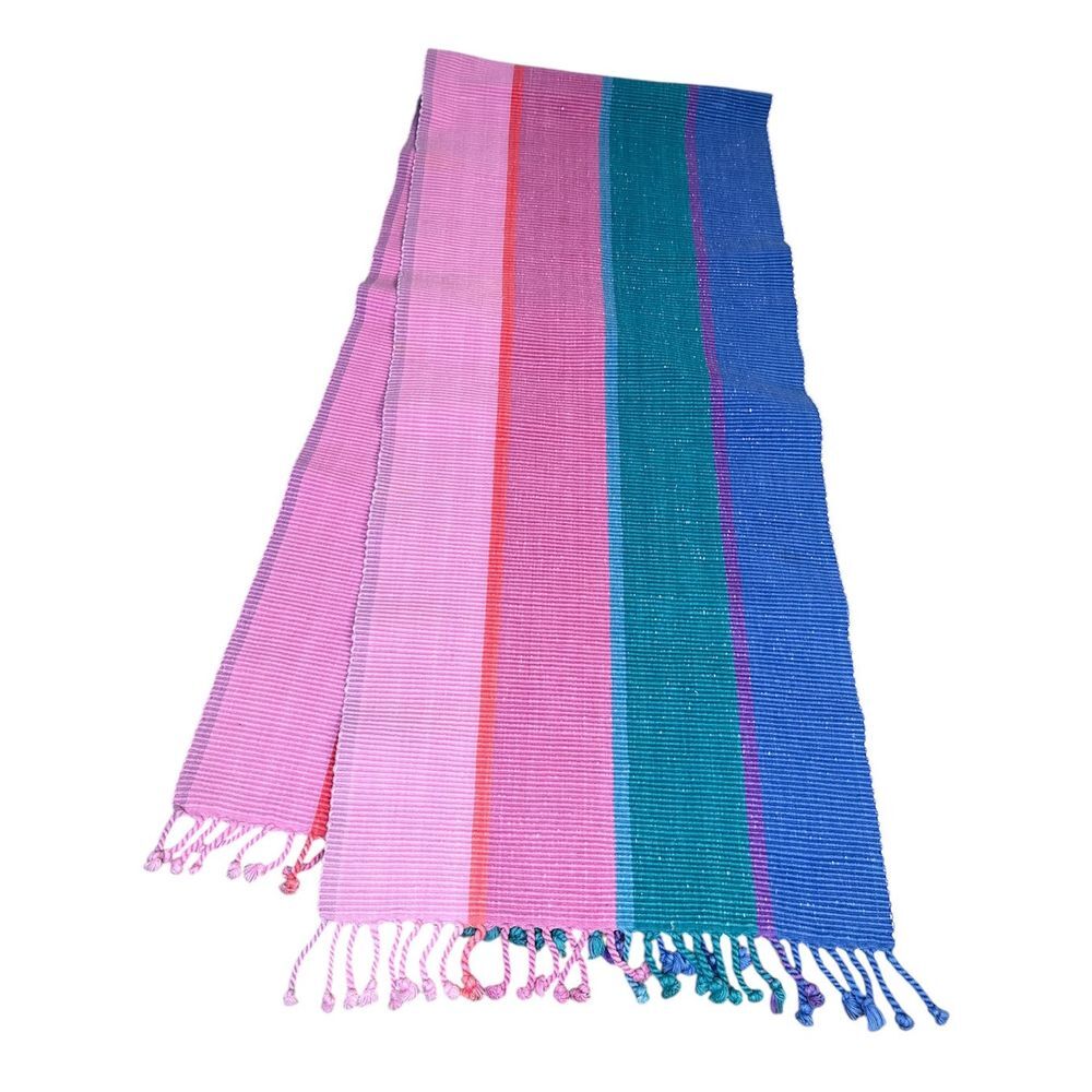 VTG Pier 1 Woven Table Runner Striped Pink Green Blue Purple Fringe Boho 14"x72"
